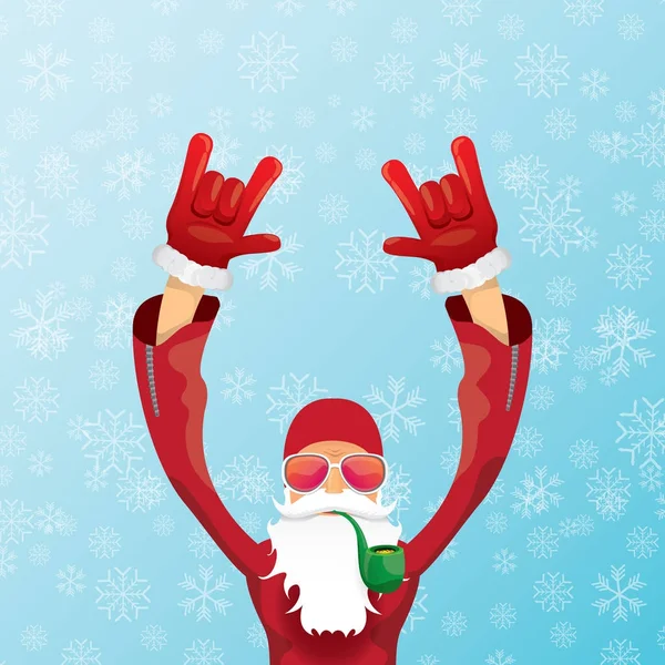 Vektor DJ santa claus med rygerør, santa skæg og funky santa hat på blå baggrund med snefnug. Julen hipster plakat til fest eller lykønskningskort. vektor dårlig santa xmas plakat – Stock-vektor