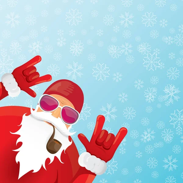 Vector DJ santa claus with smoking pipe, santa beard and funky santa hat on blue background with snowflakes. Christmas hipster poster for party or greeting card. vector bad santa xmas poster — Stock Vector