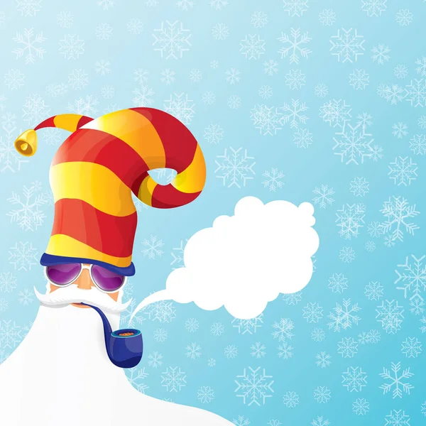 Vecteur DJ santa claus avec pipe fumante, barbe santa et chapeau santa funky sur fond bleu avec flocons de neige. Affiche hipster de Noël pour fête ou carte de voeux. vecteur mauvais Santa affiche de Noël — Image vectorielle