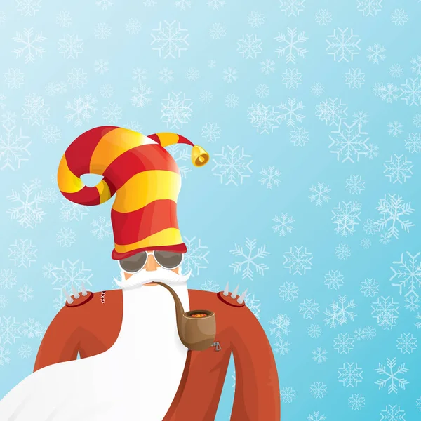 Vecteur DJ santa claus avec pipe fumante, barbe santa et chapeau santa funky sur fond bleu avec flocons de neige. Affiche hipster de Noël pour fête ou carte de voeux. vecteur mauvais Santa affiche de Noël — Image vectorielle