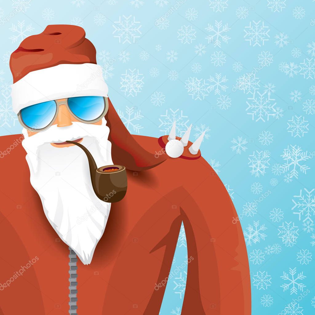 vector DJ santa claus with smoking pipe, santa beard and funky santa hat on blue background with snowflakes. Christmas hipster poster for party or greeting card. vector bad santa xmas poster