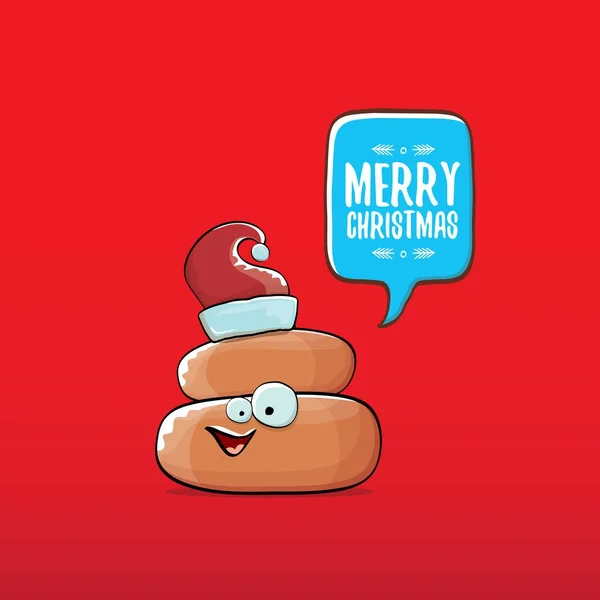 Vetor engraçado cartoon legal bonito marrom sorrindo ícone poo com chapéu vermelho santa e bolha de fala isolado no fundo vermelho natal. funky personagem de Natal . — Vetor de Stock