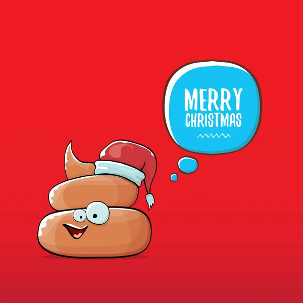 Vetor engraçado cartoon legal bonito marrom sorrindo ícone poo com chapéu vermelho santa e bolha de fala isolado no fundo vermelho natal. funky personagem de Natal . — Vetor de Stock