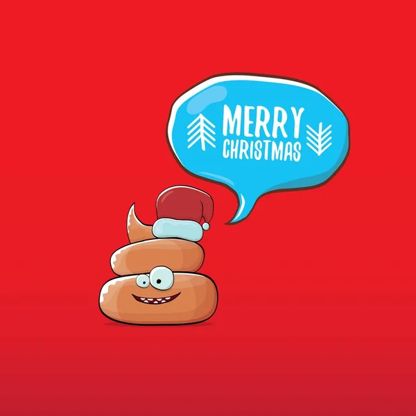 Vetor engraçado cartoon legal bonito marrom sorrindo ícone poo com chapéu vermelho santa e bolha de fala isolado no fundo vermelho natal. funky personagem de Natal . — Vetor de Stock