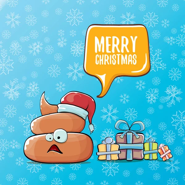 Vektor lustige cartoon cool niedlich braun lächelnd Poo-Symbol mit Weihnachtsmann roten Hut, Geschenke und Sprechblase auf weihnachtsblauem Hintergrund mit Schneeflocken. Funkiger Weihnachtscharakter. — Stockvektor