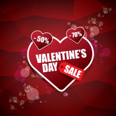 Sevgililer günü kalp şekli Satılık etiket veya etiket üzerinde kırmızı arka plan ile bulanıklık ışıklar. Vektör satış poster veya başlık sayfası tasarım şablonu