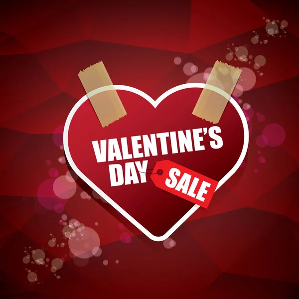 Valentinstag Herzform Verkaufsetikett oder Aufkleber auf abstrakt rotem Hintergrund mit unscharfen Lichtern. Vektor-Verkaufsposter oder Banner-Design-Vorlage — Stockvektor