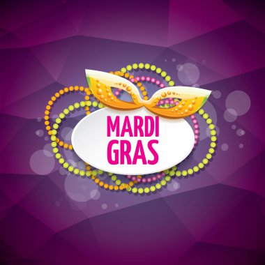 Yeni orleans mardi gras Menekşe vektör arka plan bulanıklık ışıklar, karnaval maskesi ve metin ile vektör. vektör mardi gras partisi veya yağ Salı mor poster tasarım şablonu