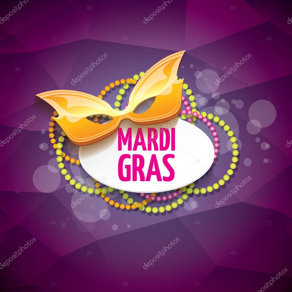 Vector new orleans mardi gras vector violet background with blur lights, carnival mask and text. vector mardi gras party or fat tuesday purple poster design template with space for text