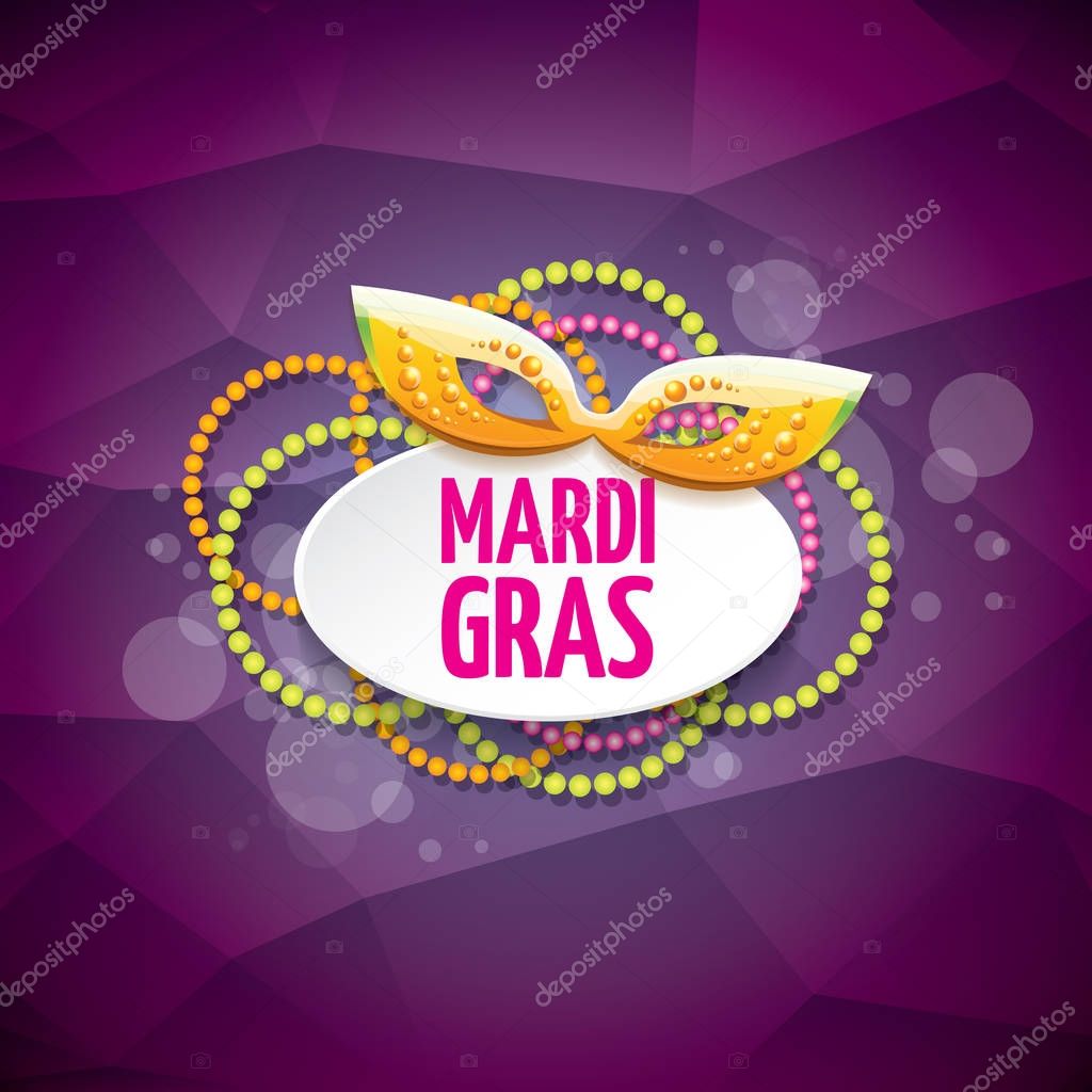 Vector new orleans mardi gras vector violet background with blur lights, carnival mask and text. vector mardi gras party or fat tuesday purple poster design template with space for text