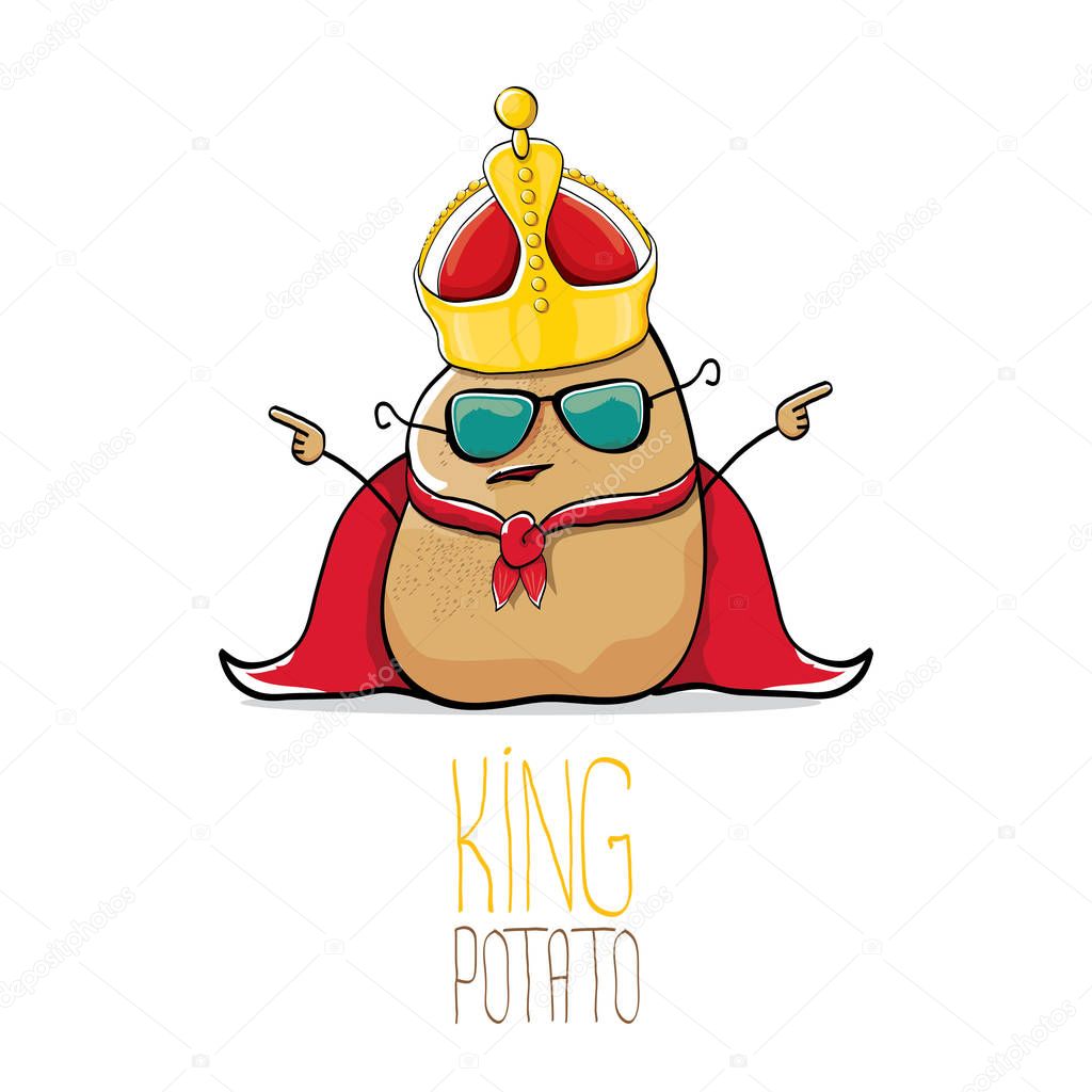 Vector funny cartoon cool cute brown smiling king potato with gold crown and red mantle or cape isolated on white background. vegetable funky character