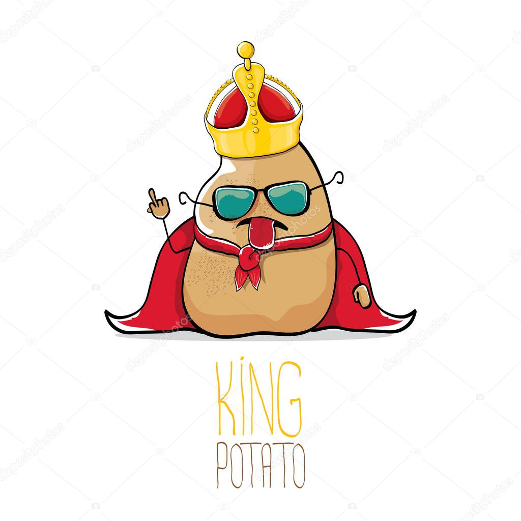 Vector funny cartoon cool cute brown smiling king potato with gold crown and red mantle or cape isolated on white background. vegetable funky character