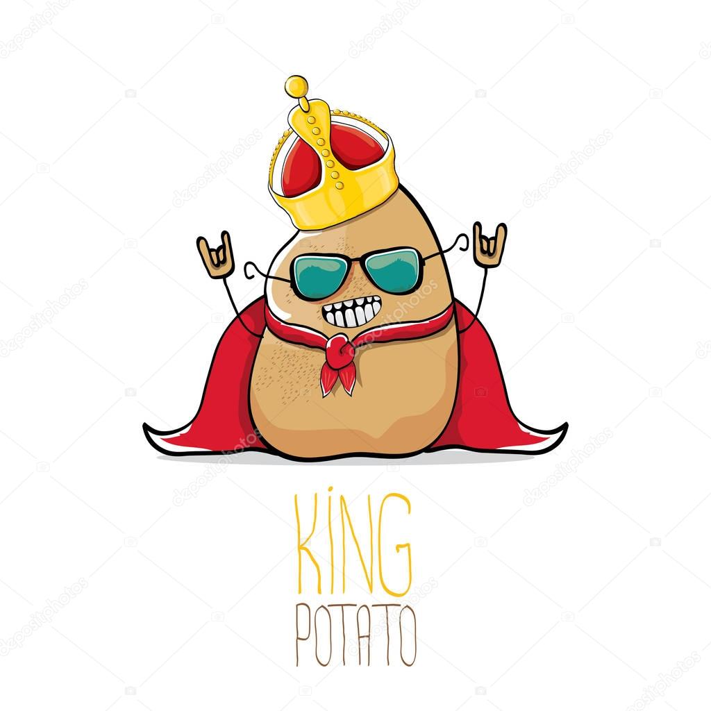 Vector funny cartoon cool cute brown smiling king potato with gold crown and red mantle or cape isolated on white background. vegetable funky character