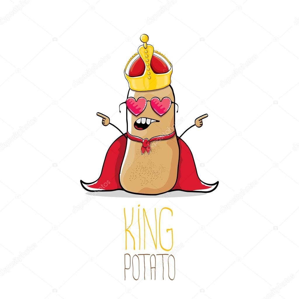 Vector funny cartoon cool cute brown smiling king potato with gold crown and red mantle or cape isolated on white background. vegetable funky character