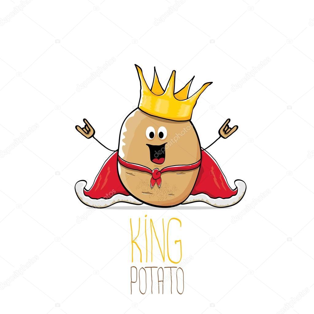 Vector funny cartoon cool cute brown smiling king potato with gold crown and red mantle or cape isolated on white background. vegetable funky character