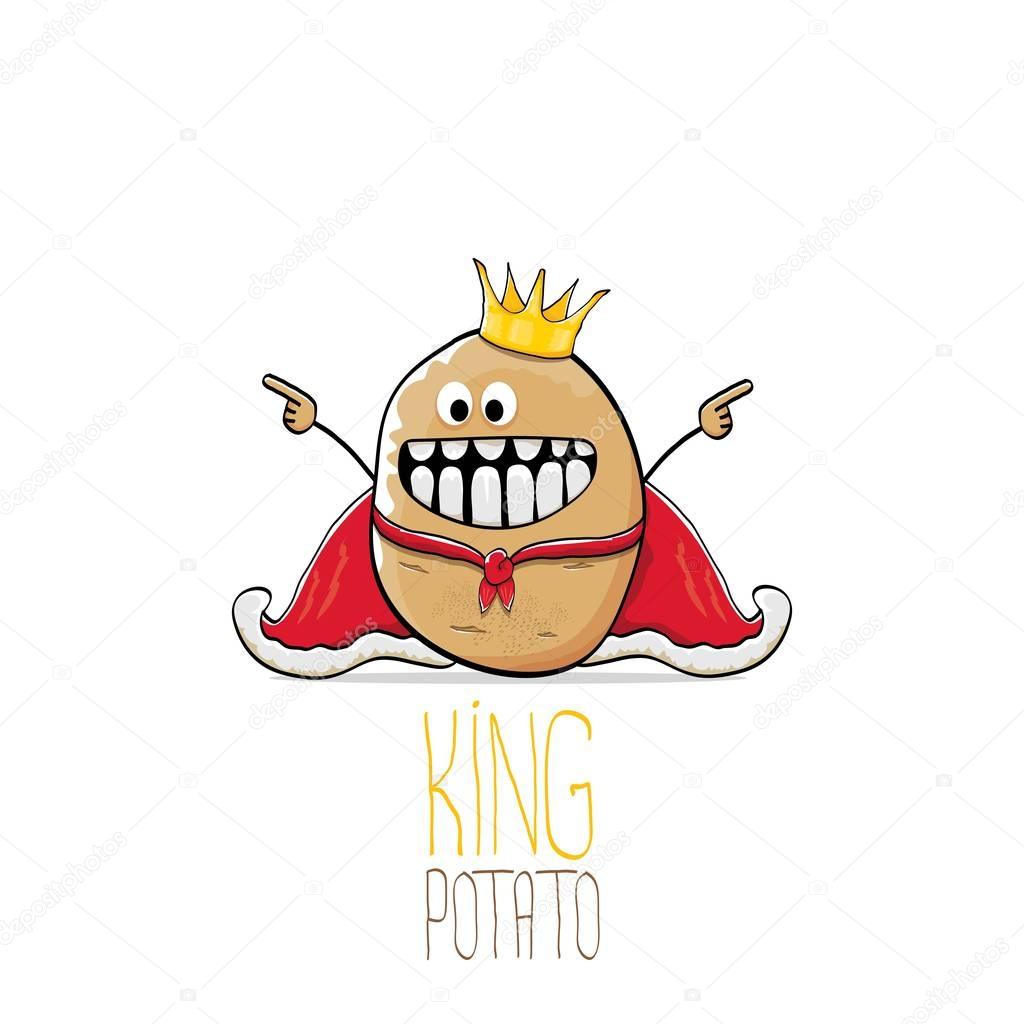 Vector funny cartoon cool cute brown smiling king potato with gold crown and red mantle or cape isolated on white background. vegetable funky character