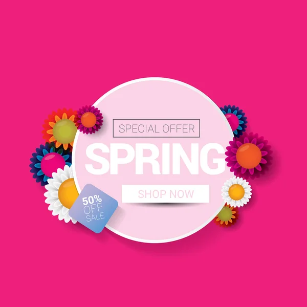 Vektor Spring Sale Design Template Banner oder Tag auf rosa Hintergrund. abstrakte Frühlingsverkauf rosa Etikett oder Hintergrund mit schönen Blumen — Stockvektor