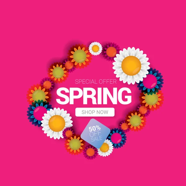 Vector våren salu design mall banner eller tagg på rosa bakgrund. Abstrakta våren försäljning rosa etikett eller bakgrund med vackra blommor — Stock vektor