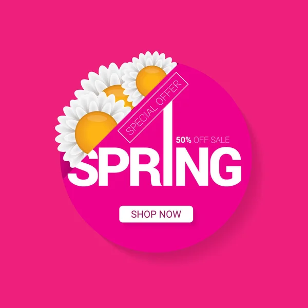 Vektor Spring Sale Design Template Banner oder Tag auf rosa Hintergrund. abstrakte Frühlingsverkauf rosa Etikett oder Hintergrund mit schönen Blumen — Stockvektor