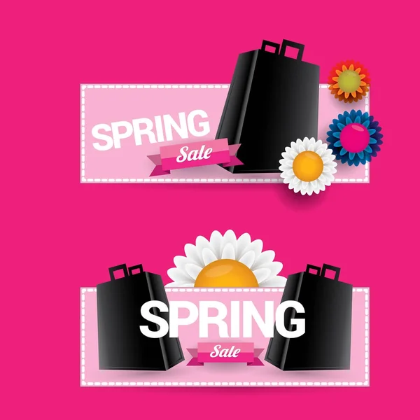 Vector primavera venta diseño plantilla banner o etiqueta sobre fondo rosa. Resumen venta primavera etiqueta rosa o fondo con hermosas flores — Vector de stock