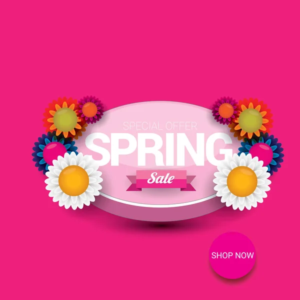 Vektor Spring Sale Design Template Banner oder Tag auf rosa Hintergrund. abstrakte Frühlingsverkauf rosa Etikett oder Hintergrund mit schönen Blumen — Stockvektor