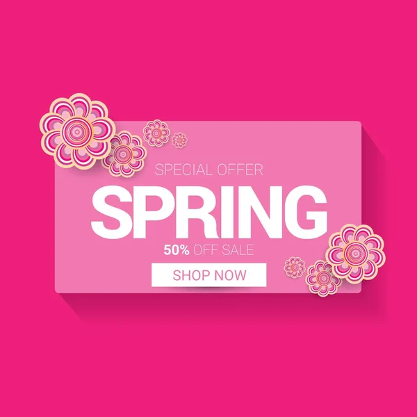 Vektor Spring Sale Design Template Banner oder Tag auf rosa Hintergrund. abstrakte Frühlingsverkauf rosa Etikett oder Hintergrund mit schönen Blumen — Stockvektor