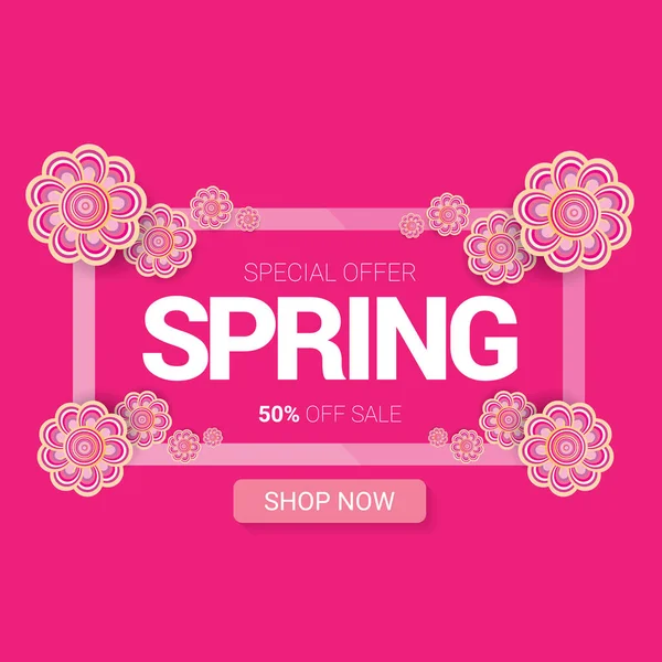 Vektor Spring Sale Design Template Banner oder Tag auf rosa Hintergrund. abstrakte Frühlingsverkauf rosa Etikett oder Hintergrund mit schönen Blumen — Stockvektor