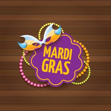 Yeni orleans mardi gras Karnavalı etiket maskesi ve ahşap duvar arka plan üzerinde metin ile vektör. vektör mardi gras partisi veya yağ Salı poster tasarım şablonu