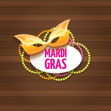 Yeni orleans mardi gras Karnavalı etiket maskesi ve ahşap duvar arka plan üzerinde metin ile vektör. vektör mardi gras partisi veya yağ Salı poster tasarım şablonu