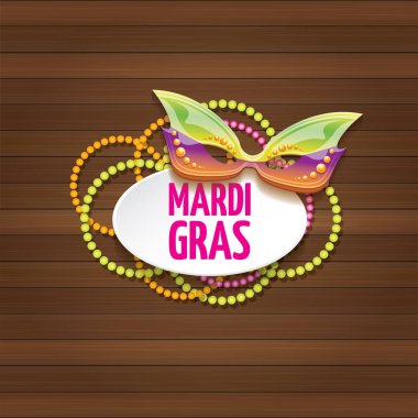Yeni orleans mardi gras Karnavalı etiket maskesi ve ahşap duvar arka plan üzerinde metin ile vektör. vektör mardi gras partisi veya yağ Salı poster tasarım şablonu