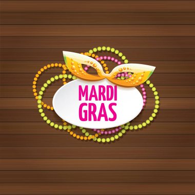 Yeni orleans mardi gras Karnavalı etiket maskesi ve ahşap duvar arka plan üzerinde metin ile vektör. vektör mardi gras partisi veya yağ Salı poster tasarım şablonu