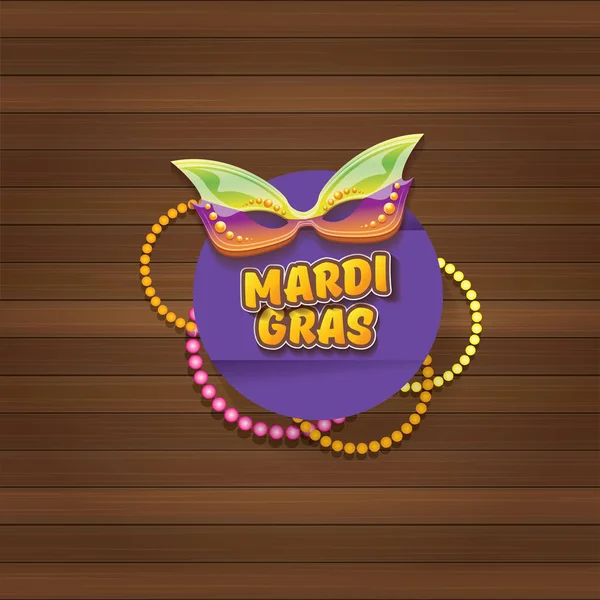 Vector new orleans mardi gras carnaval label com máscara e texto sobre fundo de parede de madeira. vetor mardi gras partido ou gordo terça-feira modelo de design de cartaz — Vetor de Stock