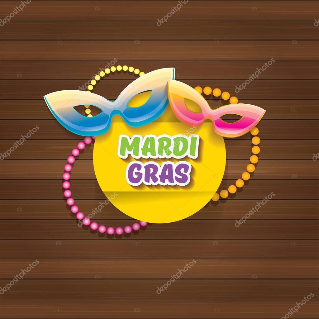 Vector new orleans mardi gras carnival label with mask and text on wooden wall background. vector mardi gras party or fat tuesday poster design template with space for text