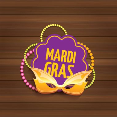 Yeni orleans mardi gras Karnavalı etiket maskesi ve ahşap duvar arka plan üzerinde metin ile vektör. vektör mardi gras partisi veya yağ Salı poster tasarım şablonu