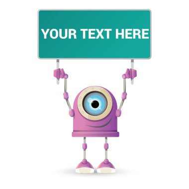 komik karikatür mor dostu robot karakter beyaz arka plan üzerinde izole vektör. 3D robot oyuncak çocuklar. sohbet bot simgesi