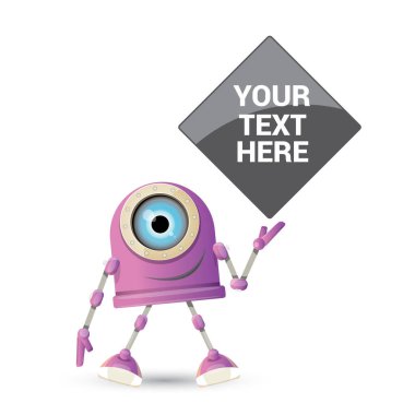 komik karikatür mor dostu robot karakter beyaz arka plan üzerinde izole vektör. 3D robot oyuncak çocuklar. sohbet bot simgesi