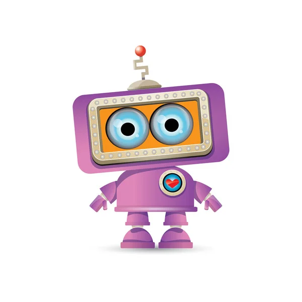 Vector divertido dibujo animado carácter robot amigable púrpura aislado sobre fondo blanco. Niños 3d robot juguete. icono de bot de chat — Vector de stock