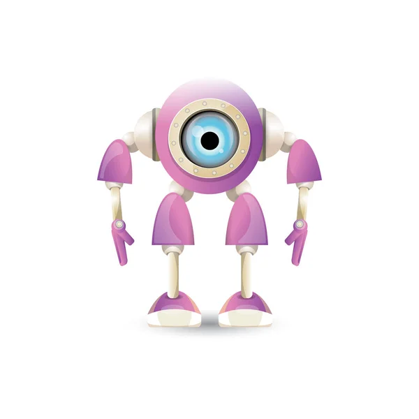 Vector engraçado desenho animado roxo amigável personagem robô isolado no fundo branco. Crianças brinquedo robô 3d. ícone de bot de chat — Vetor de Stock