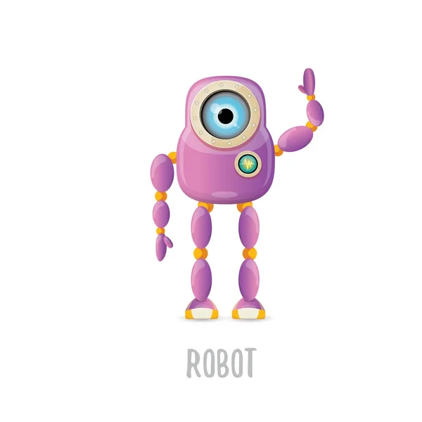 Vector engraçado desenho animado roxo amigável personagem robô isolado no fundo branco. Crianças brinquedo robô 3d. ícone de bot de chat —  Vetores de Stock