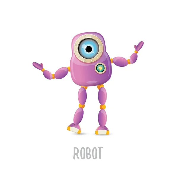 Vector engraçado desenho animado roxo amigável personagem robô isolado no fundo branco. Crianças brinquedo robô 3d. ícone de bot de chat —  Vetores de Stock