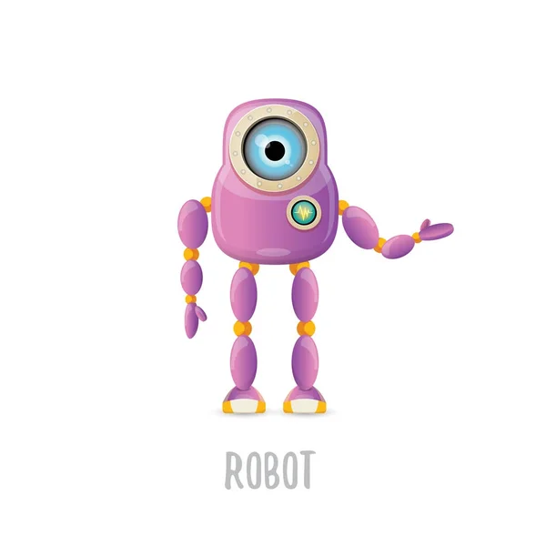 Vector divertido dibujo animado carácter robot amigable púrpura aislado sobre fondo blanco. Niños 3d robot juguete. icono de bot de chat — Archivo Imágenes Vectoriales