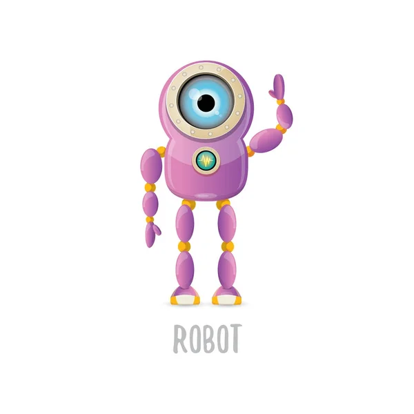 Vettore divertente cartone animato viola personaggio robot amichevole isolato su sfondo bianco. Giocattolo robot 3D per bambini. icona bot chat — Vettoriale Stock