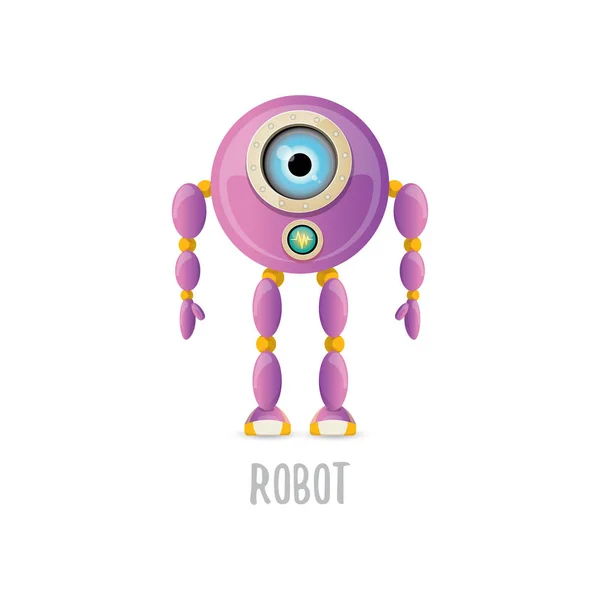 Vector divertido dibujo animado carácter robot amigable púrpura aislado sobre fondo blanco. Niños 3d robot juguete. icono de bot de chat — Vector de stock