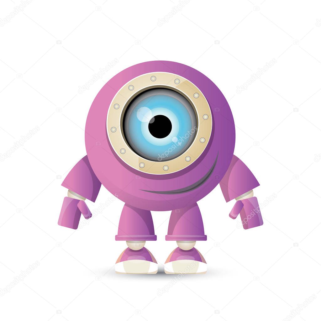 Vector funny cartoon purple friendly robot character isolated on white background. Kids 3d robot toy logo design template. chat bot icon