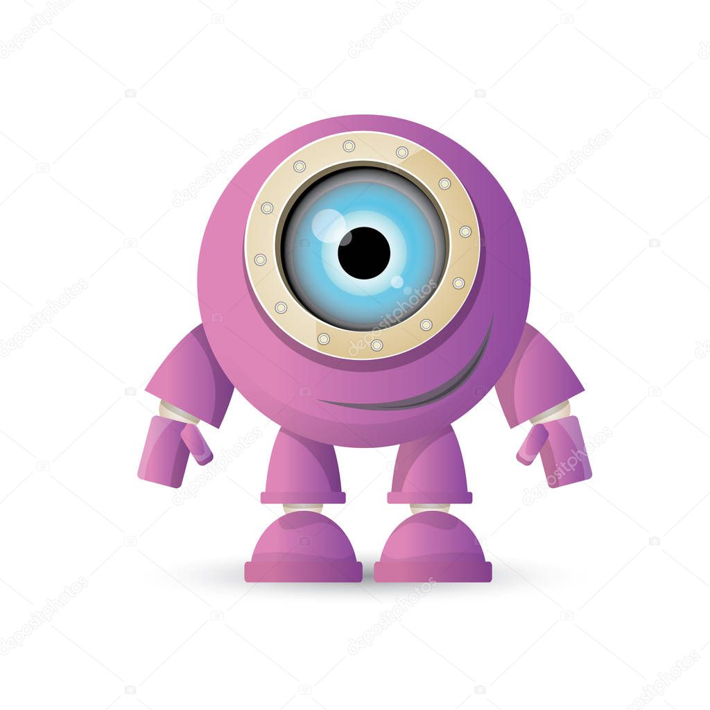 Vector funny cartoon purple friendly robot character isolated on white background. Kids 3d robot toy logo design template. chat bot icon