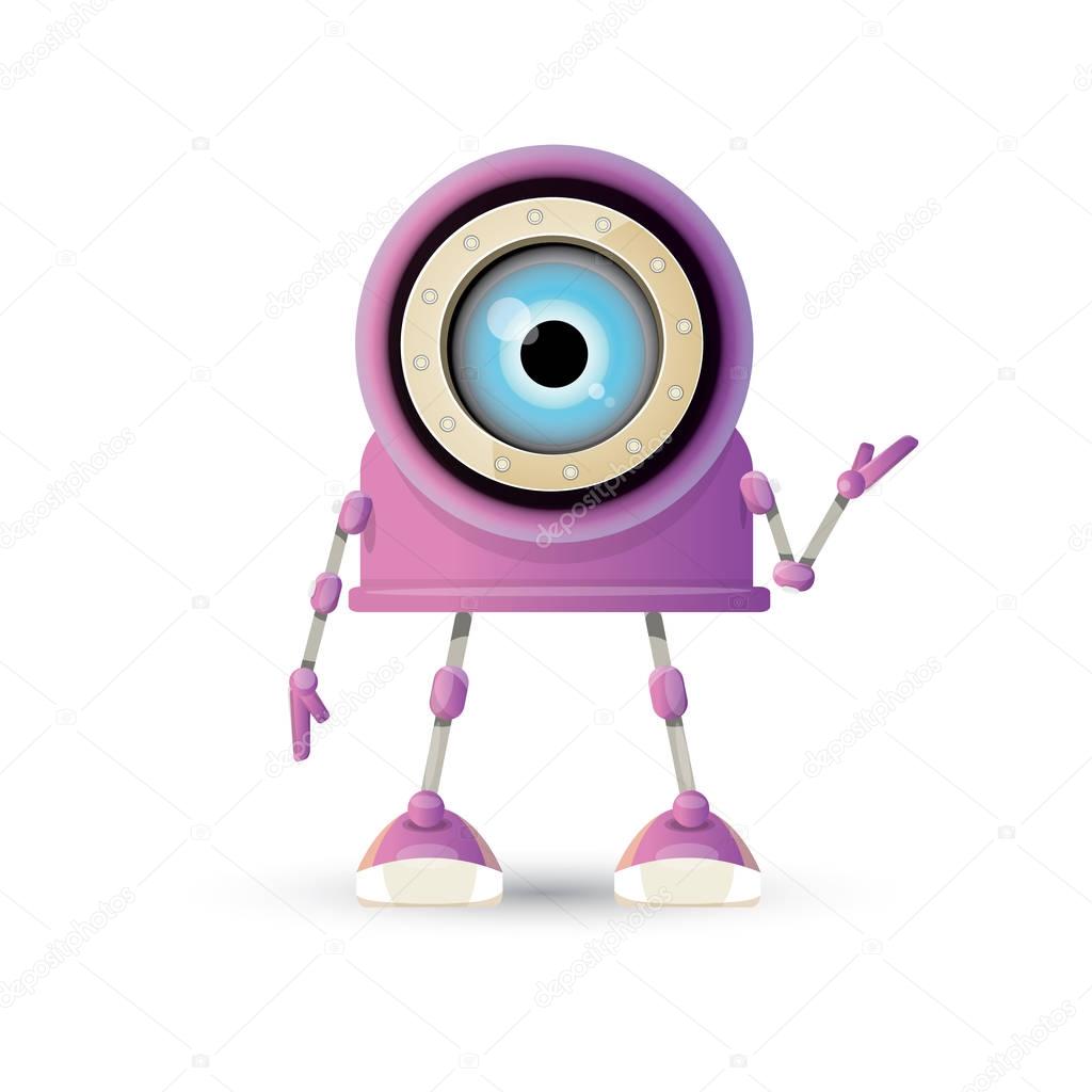 Vector funny cartoon purple friendly robot character isolated on white background. Kids 3d robot toy logo design template. chat bot icon
