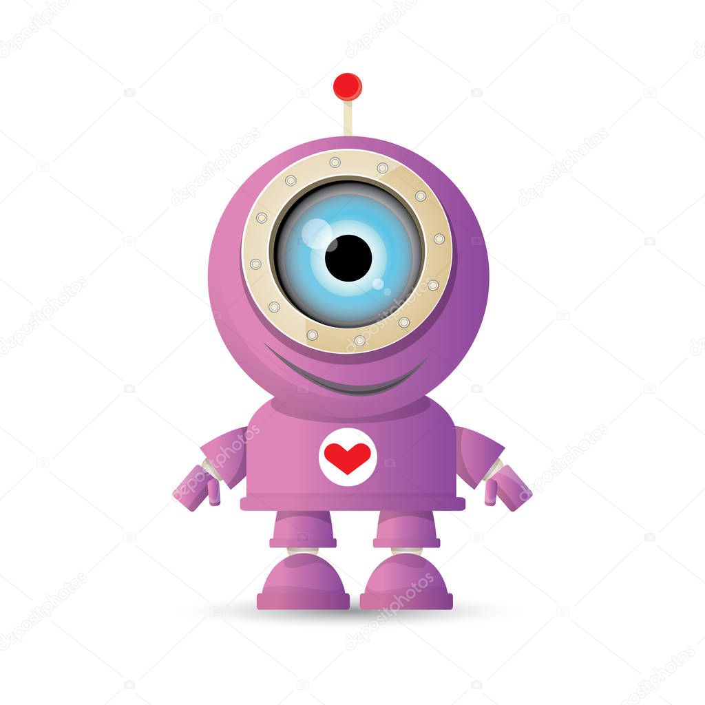 Vector funny cartoon purple friendly robot character isolated on white background. Kids 3d robot toy logo design template. chat bot icon