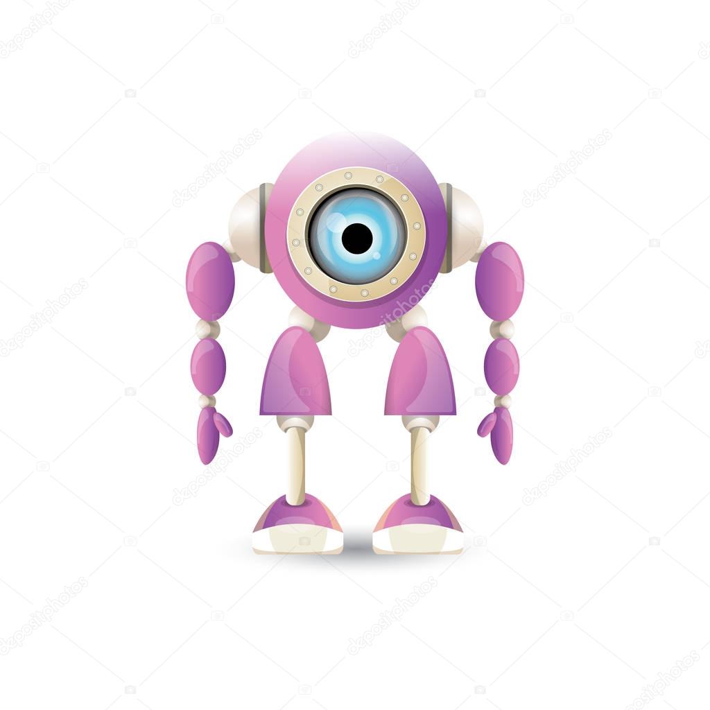 Vector funny cartoon purple friendly robot character isolated on white background. Kids 3d robot toy logo design template. chat bot icon
