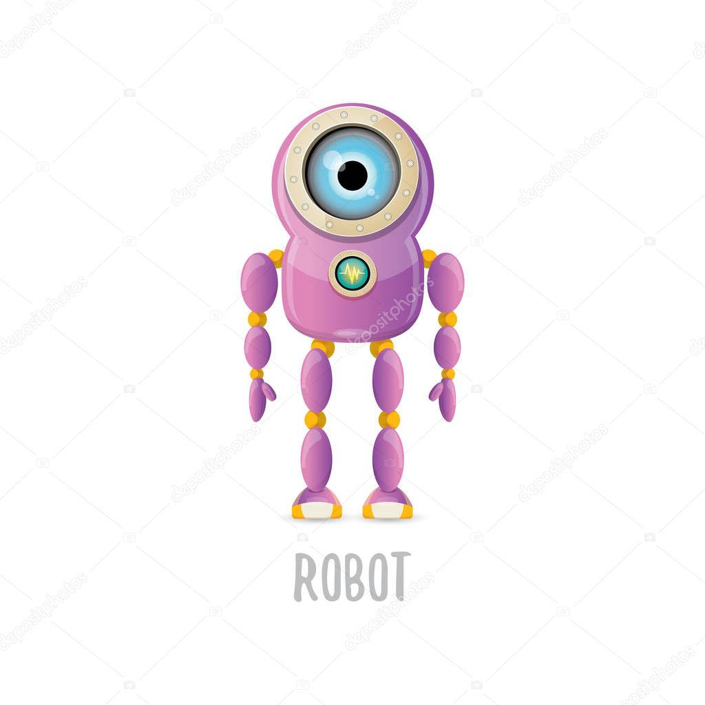 Vector funny cartoon purple friendly robot character isolated on white background. Kids 3d robot toy logo design template. chat bot icon