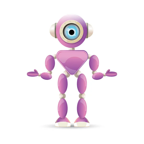 Vector divertido dibujo animado carácter robot amigable púrpura aislado sobre fondo blanco. Niños 3d robot juguete. icono de bot de chat — Vector de stock